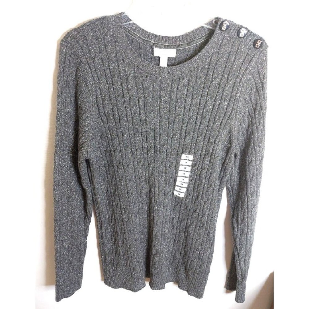 NWT Charter Club Woman's Plus Size 1X Charcoal & Silver Metallic Sweater Lng Slv